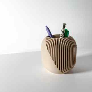 Stylish beige 3D printed pen holder with vertical slats, ideal for desk organization and decor.