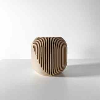 Elegant wooden vase with textured vertical lines, suitable for contemporary interior design.