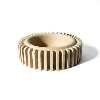 High-resolution image of a wooden gear with evenly spaced teeth, showcasing 3D printing craftsmanship.