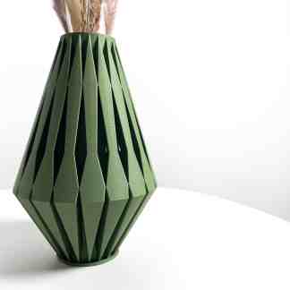 Vase, 3D-printed, geometric design, modern home decor, artistic vase, green color, contemporary style.