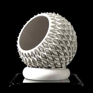 A highly detailed 3D-printed geometric sphere with intricate diamond-shaped patterns on a black background.