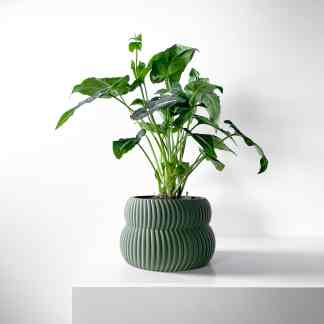 Vibrant green leafy plant in textured 3D printed ceramic planter on clean white background.