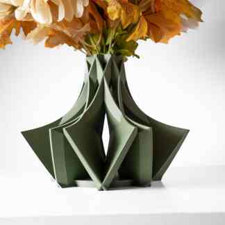 3D printed geometric vase with artificial flowers, contemporary home decor piece.