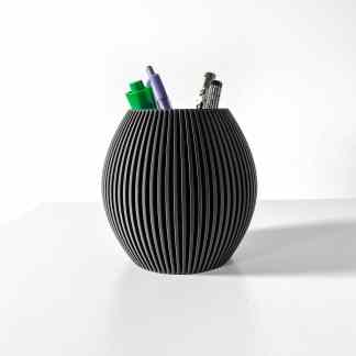 Black 3D printed pen holder with vertical ridges, ideal for office desk organization.