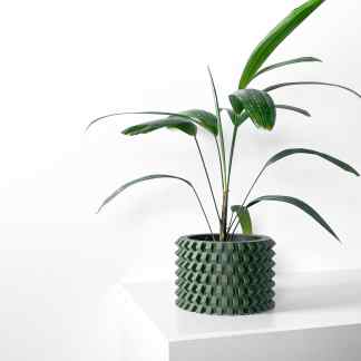 Vase with stylish 3D pattern holding lush green houseplant on white surface.