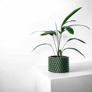 Vivid green leafy plant in intricately designed 3D printed pot, ideal for modern home decor.