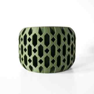 3D printed green lattice vase, modern decor, intricate design, home interior, 3D printing art.