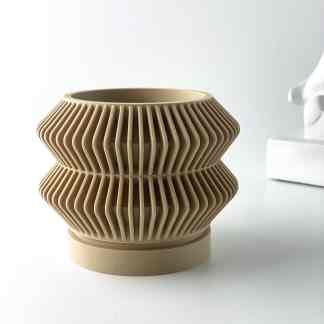 Elegant 3D-printed beige ceramic vase with detailed ribbed pattern, ideal for contemporary decor.