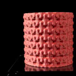 Highly detailed pink 3D printed model with textured geometric surface on black background.