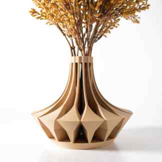 Modern beige 3D printed vase with creative geometric patterns, perfect for home decor.