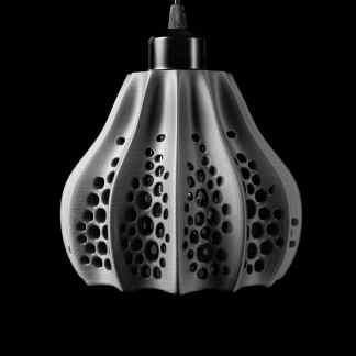 High-resolution 3D-printed metallic pendant with intricate perforated design.