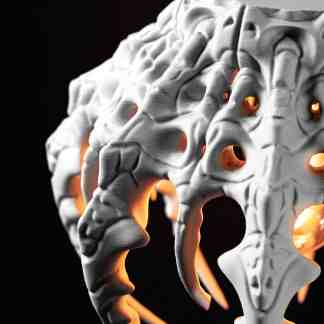 Detailed 3D-printed skull with intricate design and internal lighting effects, showcasing innovative 3D printing technology.