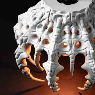 Intricate 3D printed lamp design with skeletal structure and warm glow, perfect for modern interiors.