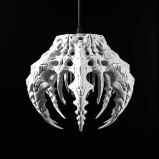 Futuristic 3D printed skeletal hanging lamp, perfect for modern interior decor, showcasing innovative design and craftsmanship.