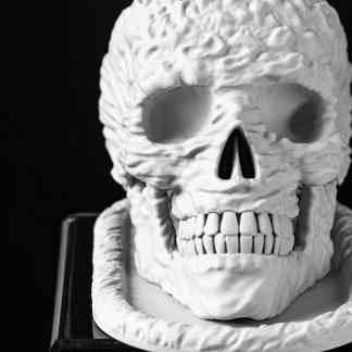 Highly detailed 3D printed skull with realistic textures and intricate design.