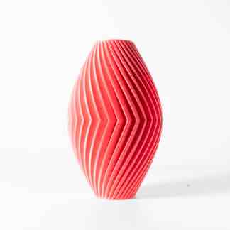 3D printed red vase with striped textured surface, perfect for modern home decor.