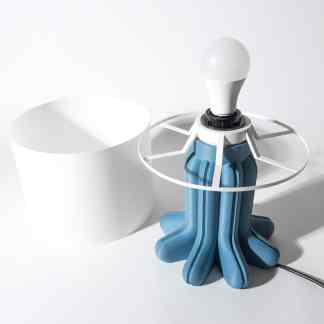 A modern 3D printed light bulb with a blue octopus-inspired base and white framework for innovative lighting design.