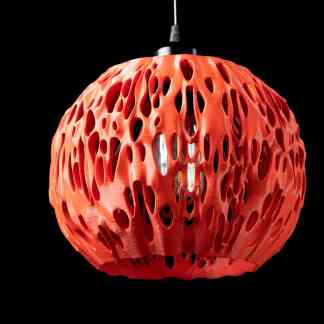 3D printed orange pendant lamp with a detailed lattice structure for modern interior decor.