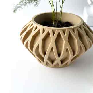 Detailed 3D-printed geometric flower pot with a beige finish, perfect for stylish indoor plant display.