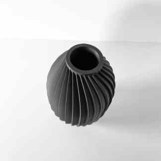 3D printed black decorative vase with ribbed patterns, ideal for contemporary interior styling.