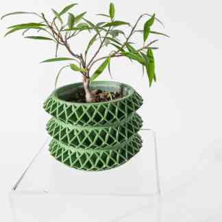 3D printed green plant pot with intricate geometric pattern for home decor.
