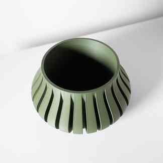 Vase, 3D printed, modern home decor, ribbed texture, green art piece, stylish ceramic look.