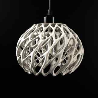 A unique 3D-printed twisted pendant light with intricate lattice design, ideal for contemporary interior lighting.