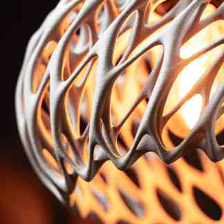 Intricate 3D printed LED lamp with modern design and organic structure, showcasing innovative 3D printing technology.