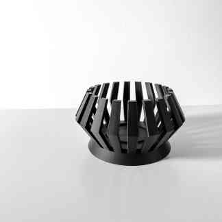 A sleek black 3D-printed geometric sculpture with modern design, emphasizing digital fabrication and 3D modeling expertise.