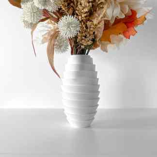 3D printed vase, decorative flower arrangement, modern home decor, white ceramic-style design.