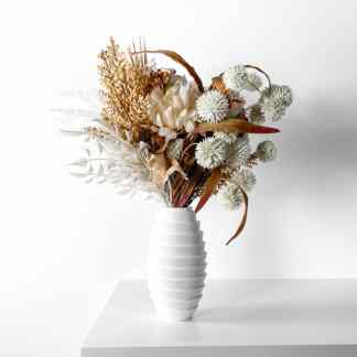 3D printed vase with dried flowers, modern decor, home interior, aesthetic 3D art.