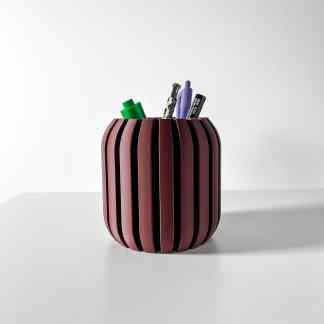 3D Printed pen holder, stylish office desk organizer with vertical slats for pens and markers, modern design.