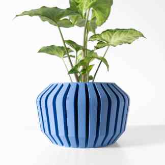 3D printed blue geometric planter with a green plant inside, stylish home decor.