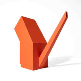 Vivid orange 3D printed check mark symbol representing quality and verification.