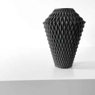 Black 3D-printed vase with intricate geometric pattern, perfect for modern decor and artistic displays.