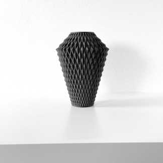 Black ceramic vase with geometric pattern, perfect for modern interior design, by AM Square 3D.