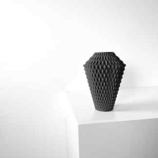 Stylish 3D printed black vase with intricate geometric patterns, ideal for modern decor.