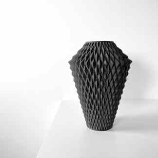 Modern black 3D-printed vase with intricate geometric pattern, ideal for stylish home decor.