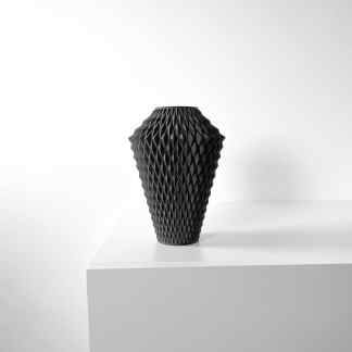 3D printed black vase with complex geometric pattern, perfect for modern interior decoration.