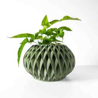Vibrant green plant in a contemporary 3D-printed geometric ceramic pot for home decor and gardening.