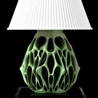 Unique vessel-inspired 3D printed lamp with intricate ceramic texture and elegant white shade.
