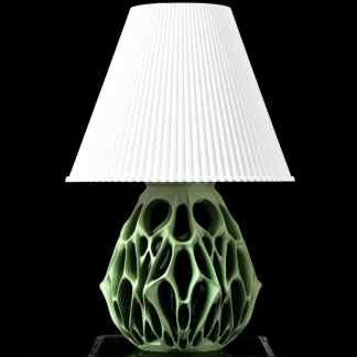 Stylish 3D-printed decorative lamp featuring a geometric ceramic base and fabric shade.