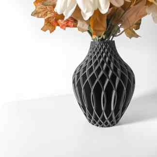 Elegant black 3D-printed vase with intricate lattice design, perfect for home decor or floral arrangements.