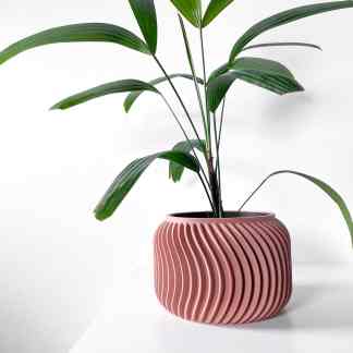 A pink textured 3D-printed planter with a lush green plant, showcasing innovative design and home decor inspiration.