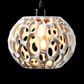 A modern 3D-printed pendant lamp featuring a spherical, geometric, openwork structure with integrated LED lighting.