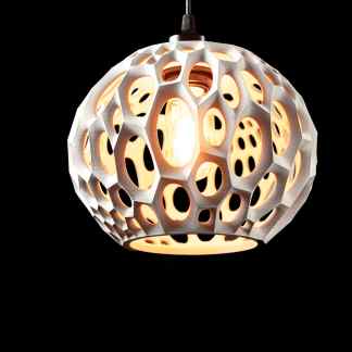 Modern geometric pendant light with intricate 3D-printed design, stylish home decor.