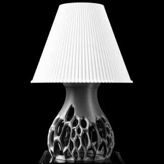 Elegant 3D-printed lamp design with detailed geometric base and fabric lampshade.