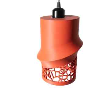 Close-up of a 3D-printed orange air filter holder with intricate lattice design for optimal airflow.