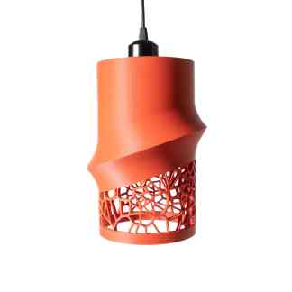Bright orange geometric light fixture, showcasing advanced 3D printing technology and innovative design.