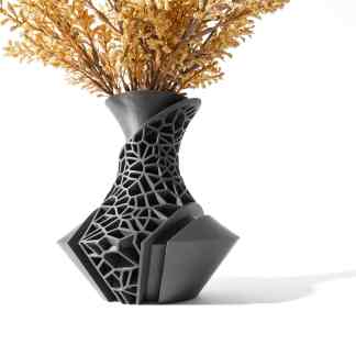 Sophisticated black 3D printed vase with complex geometric lattice design for stylish interiors.